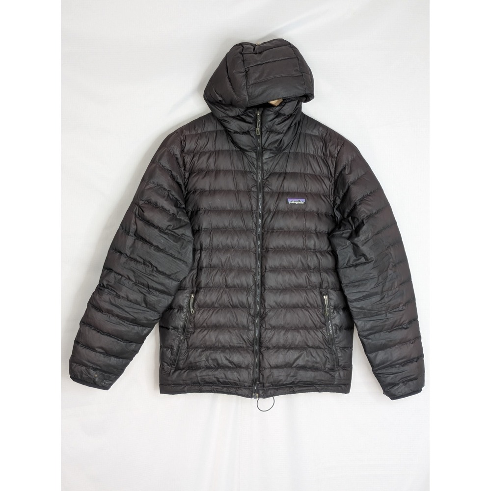 Patagonia Down Sweater Hoody Jacket Black Goose Down Mens M Full Zip Hooded